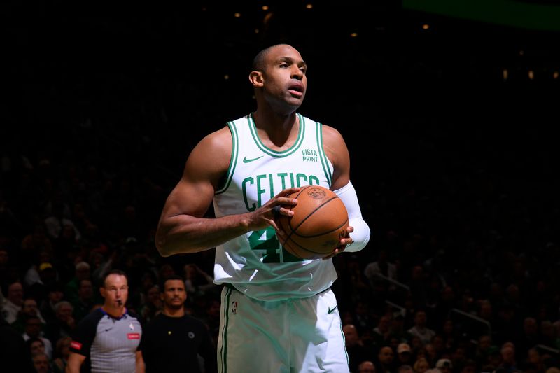 BOSTON, MA - APRIL 21: Al Horford #42 of the Boston Celtics looks on during the game against the Miami Heat during Round 1 Game 1 of the 2024 NBA Playoffs on April 21, 2024 at the TD Garden in Boston, Massachusetts. NOTE TO USER: User expressly acknowledges and agrees that, by downloading and or using this photograph, User is consenting to the terms and conditions of the Getty Images License Agreement. Mandatory Copyright Notice: Copyright 2024 NBAE  (Photo by Brian Babineau/NBAE via Getty Images)