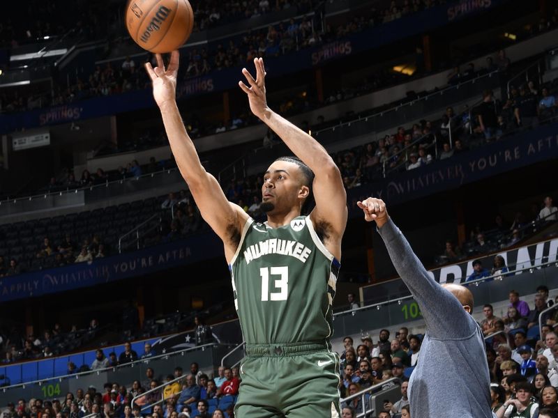 ORLANDO, FL - DECEMBER 5: Jordan Nwora #13 of the Milwaukee Bucks shoots the ball during the game against the Orlando Magic on December 5, 2022 at Amway Center in Orlando, Florida. NOTE TO USER: User expressly acknowledges and agrees that, by downloading and or using this photograph, User is consenting to the terms and conditions of the Getty Images License Agreement. Mandatory Copyright Notice: Copyright 2022 NBAE (Photo by Fernando Medina/NBAE via Getty Images)