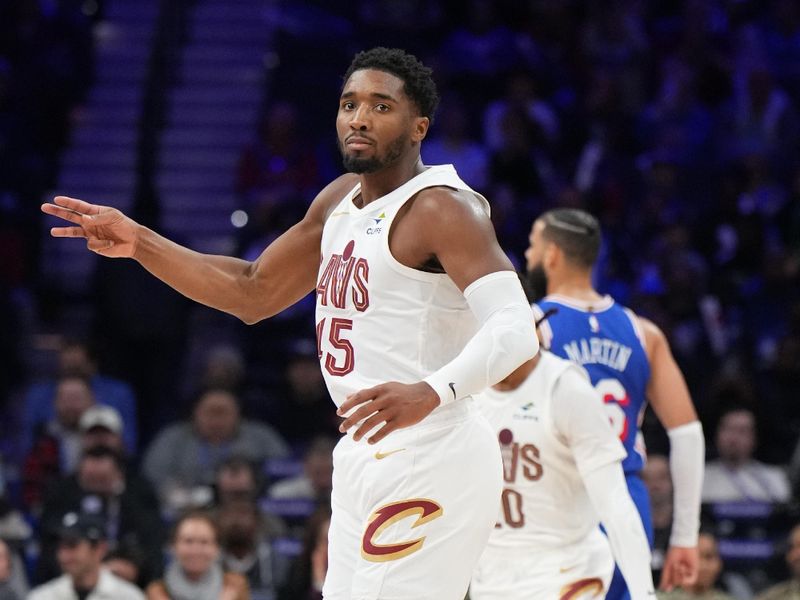 PHILADELPHIA, PA - NOVEMBER 13: Donovan Mitchell #45 of the Cleveland Cavaliers celebrates during the game against the Philadelphia 76ers on November 13, 2024 at the Wells Fargo Center in Philadelphia, Pennsylvania NOTE TO USER: User expressly acknowledges and agrees that, by downloading and/or using this Photograph, user is consenting to the terms and conditions of the Getty Images License Agreement. Mandatory Copyright Notice: Copyright 2024 NBAE (Photo by Jesse D. Garrabrant/NBAE via Getty Images)