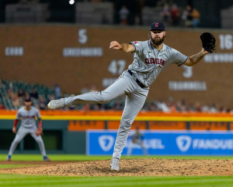 Jul 29, 2024; Detroit, Michigan, USA; Cleveland Guardians pitcher Hunter Gaddis (33) delivers in the ninth inning against the Detroit Tigers at Comerica Park. Mandatory Credit: David Reginek-USA TODAY Sports