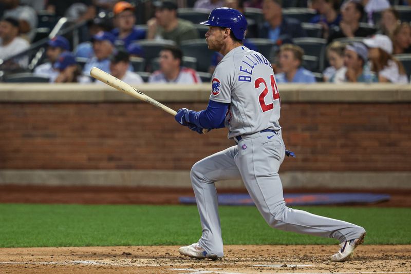 Aug 8, 2023; New York City, New York, USA; Chicago Cubs center fielder Cody Bellinger (24) looks up at his solo home run during the fourth inning against the New York Mets at Citi Field. Mandatory Credit: Vincent Carchietta-USA TODAY Sports