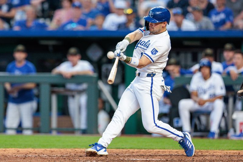 May 18, 2024; Kansas City, Missouri, USA; Kansas City Royals second base Michael Massey (19) at bat during the eighth inning against the Oakland Athletics at Kauffman Stadium. Mandatory Credit: William Purnell-USA TODAY Sports