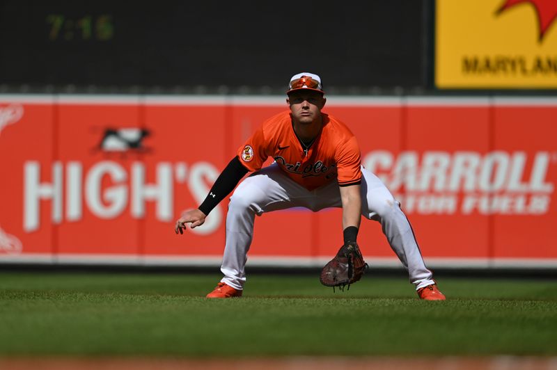 Jun 1, 2024; Baltimore, Maryland, USA;  Baltimore Orioles first baseman Ryan Mountcastle (6) in the ready during the second inning against the Tampa Bay Rays at Oriole Park at Camden Yards. Mandatory Credit: Tommy Gilligan-USA TODAY Sports