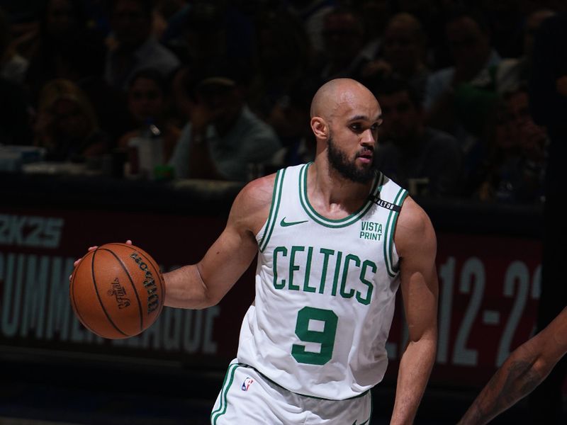 DALLAS, TX - JUNE 12: Derrick White #9 of the Boston Celtics dribbles the ball during the game against the Dallas Mavericks during Game 3 of the 2024 NBA Finals on June 12, 2024 at the American Airlines Center in Dallas, Texas. NOTE TO USER: User expressly acknowledges and agrees that, by downloading and or using this photograph, User is consenting to the terms and conditions of the Getty Images License Agreement. Mandatory Copyright Notice: Copyright 2024 NBAE (Photo by Garrett Ellwood/NBAE via Getty Images)