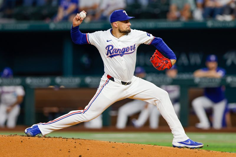 Sep 4, 2024; Arlington, Texas, USA; Texas Rangers pitcher Nathan Eovaldi (17) throws during the first inning against the New York Yankees at Globe Life Field. Mandatory Credit: Andrew Dieb-Imagn Images