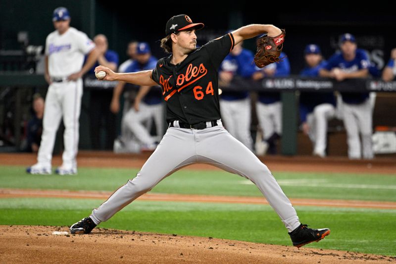 Oct 10, 2023; Arlington, Texas, USA; Baltimore Orioles starting pitcher Dean Kremer (64) pitches against the Texas Rangers in the first inning during game three of the ALDS for the 2023 MLB playoffs at Globe Life Field. Mandatory Credit: Jerome Miron-USA TODAY Sports