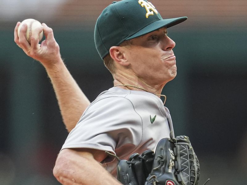 May 31, 2024; Cumberland, Georgia, USA; Oakland Athletics starting pitcher JP Sears (38) pitches against the Atlanta Braves during the first inning at Truist Park. Mandatory Credit: Dale Zanine-USA TODAY Sports