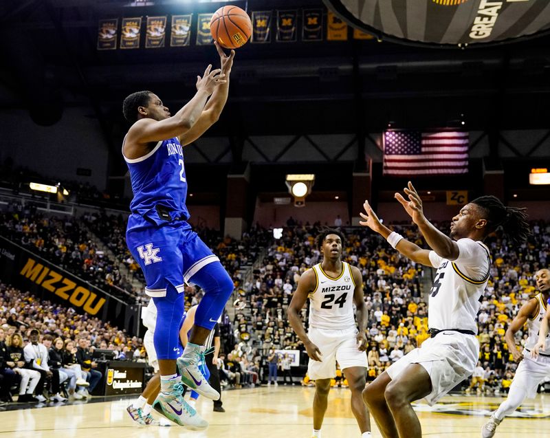 Dec 28, 2022; Columbia, Missouri, USA; Kentucky Wildcats guard Sahvir Wheeler (2) shoots over Missouri Tigers guard Sean East II (55) during the first half at Mizzou Arena. Mandatory Credit: Jay Biggerstaff-USA TODAY Sports