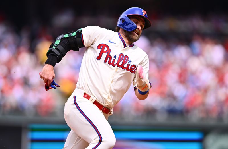 May 7, 2023; Philadelphia, Pennsylvania, USA; Philadelphia Phillies designated hitter Bryce Harper (3) rounds third to advance home and score against the Boston Red Sox in the fourth inning at Citizens Bank Park. Mandatory Credit: Kyle Ross-USA TODAY Sports