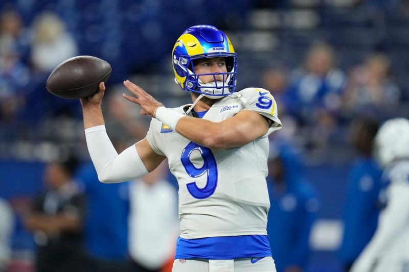 Los Angeles Rams quarterback Matthew Stafford before an NFL football game against the Indianapolis Colts, Sunday, Oct. 1, 2023, in Indianapolis. (AP Photo/Michael Conroy)