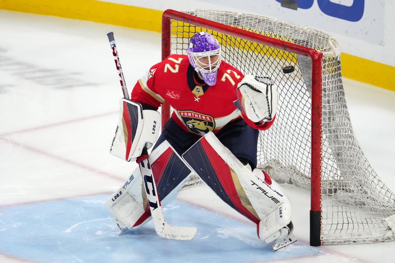 Nov 12, 2023; Sunrise, Florida, USA; Florida Panthers goaltender Sergei Bobrovsky (72) warms up prior to the game against the Chicago Blackhawks at Amerant Bank Arena. Mandatory Credit: Jasen Vinlove-USA TODAY Sports