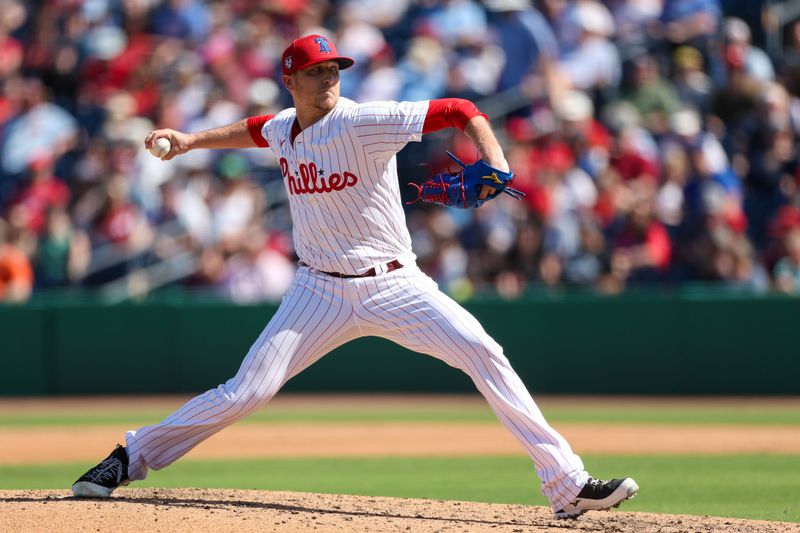 Feb 25, 2024; Clearwater, Florida, USA;  Philadelphia Phillies relief pitcher Jeff Hoffman (23) throws a pitch against the New York Yankees in the fourth inning at BayCare Ballpark. Mandatory Credit: Nathan Ray Seebeck-USA TODAY Sports