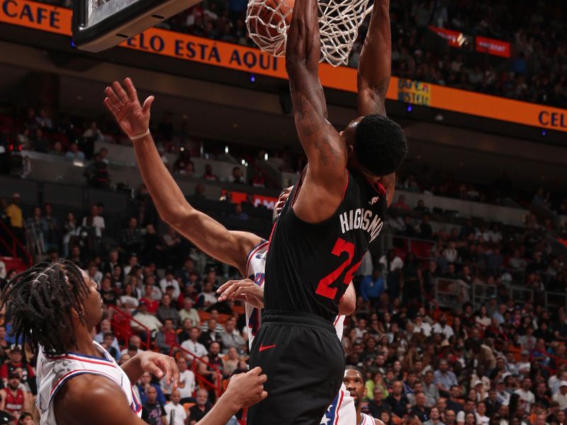 MIAMI, FL - APRIL 4: Haywood Highsmith #24 of the Miami Heat dunks the ball during the game against the Philadelphia 76ers on April 4, 2024 at Kaseya Center in Miami, Florida. NOTE TO USER: User expressly acknowledges and agrees that, by downloading and or using this Photograph, user is consenting to the terms and conditions of the Getty Images License Agreement. Mandatory Copyright Notice: Copyright 2024 NBAE (Photo by Issac Baldizon/NBAE via Getty Images)