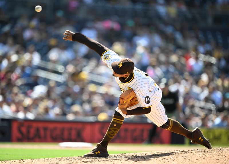 May 29, 2024; San Diego, California, USA; San Diego Padres pitcher Jhony Brito (76) pitches during the seventh inning against the Miami Marlins at Petco Park. Mandatory Credit: Denis Poroy-USA TODAY Sports