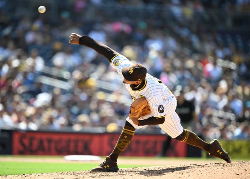 May 29, 2024; San Diego, California, USA; San Diego Padres pitcher Jhony Brito (76) pitches during the seventh inning against the Miami Marlins at Petco Park. Mandatory Credit: Denis Poroy-USA TODAY Sports