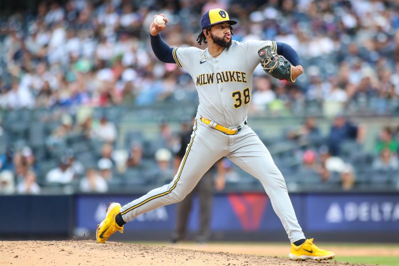 Sep 10, 2023; Bronx, New York, USA;  Milwaukee Brewers relief pitcher Devin Williams (38) pitches in the ninth inning against the New York Yankees at Yankee Stadium. Mandatory Credit: Wendell Cruz-USA TODAY Sports