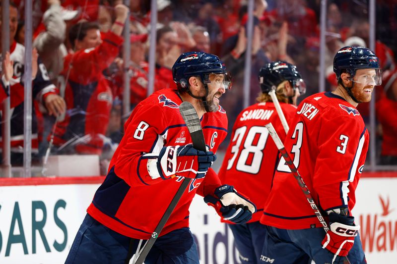 Mar 24, 2024; Washington, District of Columbia, USA; Washington Capitals left wing Alex Ovechkin (8) celebrates after scoring a goal during the third period against the Winnipeg Jets at Capital One Arena. Mandatory Credit: Amber Searls-USA TODAY Sports