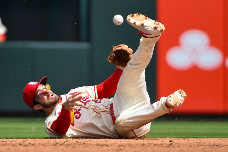 Apr 26, 2025; St. Louis, Missouri, USA;  St. Louis Cardinals second baseman Thomas Saggese (25) throws from his back to force out Milwaukee Brewers right fielder Jake Bauers (not pictured) during the sixth inning at Busch Stadium. Mandatory Credit: Jeff Curry-Imagn Images