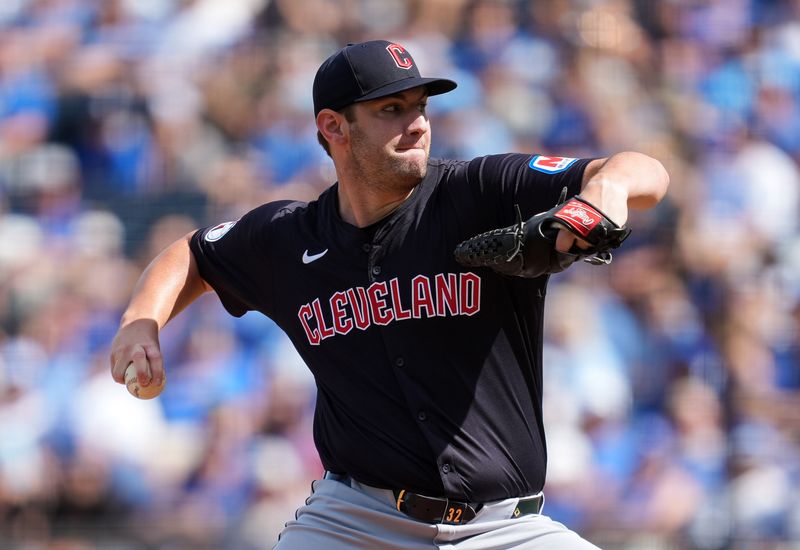 Sep 2, 2024; Kansas City, Missouri, USA; Cleveland Guardians starting pitcher Gavin Williams (32) pitches during the first inning against the Kansas City Royals at Kauffman Stadium. Mandatory Credit: Jay Biggerstaff-USA TODAY Sports