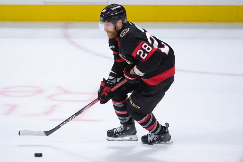 Jan 25, 2024; Ottawa, Ontario, CAN; Ottawa Senators right wing Claude Giroux (28) skates with the puck in the third period against the Boston Bruins at the Canadian Tire Centre. Mandatory Credit: Marc DesRosiers-USA TODAY Sports