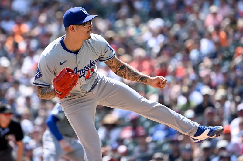 Jul 13, 2024; Detroit, Michigan, USA; Los Angeles Dodgers pitcher Anthony Banda (43)  (49) throws a pitch against the Detroit Tigers in the sixth inning at Comerica Park. Mandatory Credit: Lon Horwedel-USA TODAY Sports