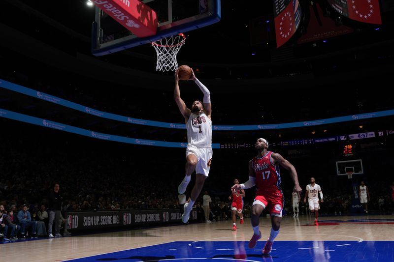 PHILADELPHIA, PA - FEBRUARY 23: Max Strus #1 of the Cleveland Cavaliers drives to the basket during the game against the Philadelphia 76ers on February 23, 2024 at the Wells Fargo Center in Philadelphia, Pennsylvania NOTE TO USER: User expressly acknowledges and agrees that, by downloading and/or using this Photograph, user is consenting to the terms and conditions of the Getty Images License Agreement. Mandatory Copyright Notice: Copyright 2024 NBAE (Photo by Jesse D. Garrabrant/NBAE via Getty Images)