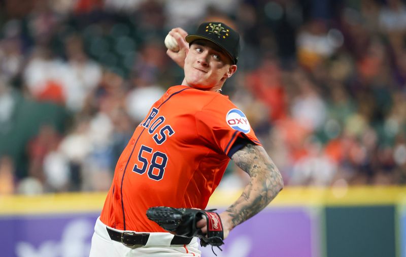 May 17, 2024; Houston, Texas, USA;  Houston Astros starting pitcher Hunter Brown (58) pitches against the Milwaukee Brewers in the first inning at Minute Maid Park. Mandatory Credit: Thomas Shea-USA TODAY Sports