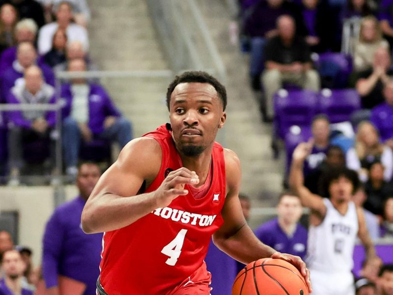 Jan 13, 2024; Fort Worth, Texas, USA; Houston Cougars guard L.J. Cryer (4) controls the ball during the second half against the TCU Horned Frogs  at Ed and Rae Schollmaier Arena. Mandatory Credit: Kevin Jairaj-USA TODAY Sports