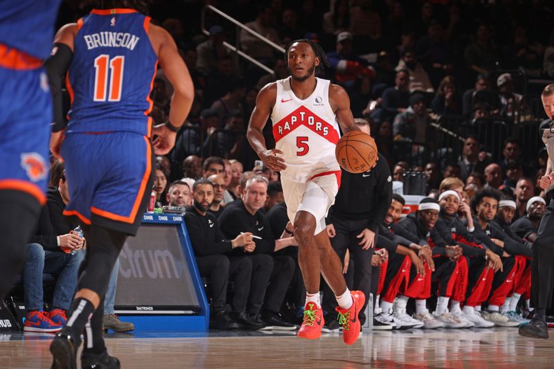 NEW YORK, NY - JANUARY 20: Immanuel Quickley #5 of the Toronto Raptors dribbles the ball during the game against the New York Knicks on January 20, 2024 at Madison Square Garden in New York City, New York.  NOTE TO USER: User expressly acknowledges and agrees that, by downloading and or using this photograph, User is consenting to the terms and conditions of the Getty Images License Agreement. Mandatory Copyright Notice: Copyright 2024 NBAE  (Photo by Nathaniel S. Butler/NBAE via Getty Images)