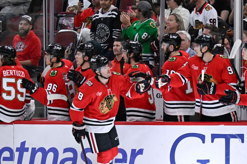 Oct 17, 2025; Chicago, Illinois, USA;  Chicago Blackhawks center Ryan Donato (8) celebrates with teammates afters coring a goal against the Vancouver Canucks during the first period at the United Center. Mandatory Credit: Matt Marton-Imagn Images