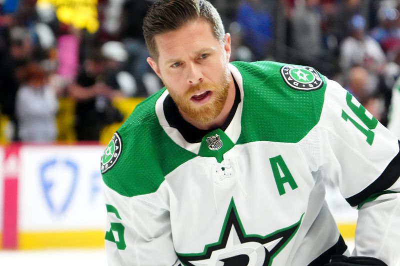 May 17, 2024; Denver, Colorado, USA; Dallas Stars center Joe Pavelski (16) before the game against the Colorado Avalanche in game six of the second round of the 2024 Stanley Cup Playoffs at Ball Arena. Mandatory Credit: Ron Chenoy-USA TODAY Sports