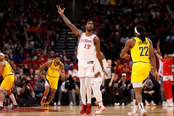 HOUSTON, TEXAS - DECEMBER 26: Tari Eason #17 of the Houston Rockets reacts after a three point basket in the first half against the Indiana Pacers at Toyota Center on December 26, 2023 in Houston, Texas.  NOTE TO USER: User expressly acknowledges and agrees that, by downloading and or using this photograph, User is consenting to the terms and conditions of the Getty Images License Agreement. (Photo by Tim Warner/Getty Images)