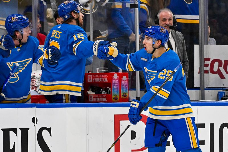 Dec 23, 2023; St. Louis, Missouri, USA;  St. Louis Blues center Jordan Kyrou (25) is congratulated by right wing Kevin Hayes (12) and left wing Jake Neighbours (63) after scoring against the Chicago Blackhawks during the third period at Enterprise Center. Mandatory Credit: Jeff Curry-USA TODAY Sports