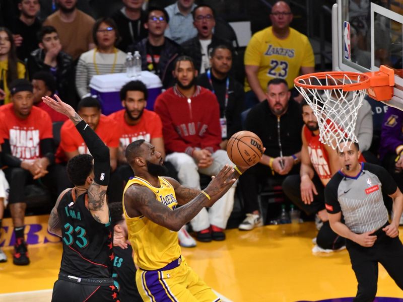 LOS ANGELES, CA - FEBRUARY 29:  LeBron James #23 of the Los Angeles Lakers goes to the basket during the game on February 29, 2024 at Crypto.Com Arena in Los Angeles, California. NOTE TO USER: User expressly acknowledges and agrees that, by downloading and/or using this Photograph, user is consenting to the terms and conditions of the Getty Images License Agreement. Mandatory Copyright Notice: Copyright 2024 NBAE (Photo by Juan Ocampo/NBAE via Getty Images)