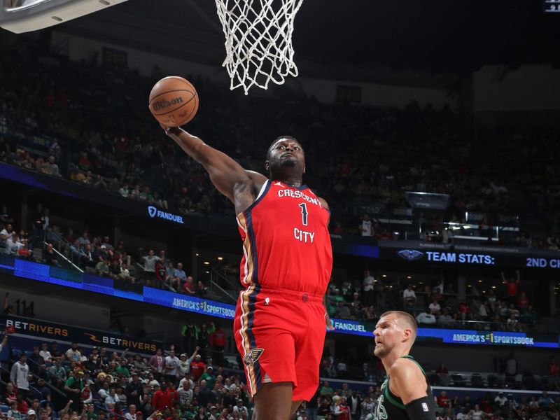 NEW ORLEANS, LA - MARCH 30: Zion Williamson #1 of the New Orleans Pelicans dunks the ball during the game against the Boston Celtics on March 30, 2024 at the Smoothie King Center in New Orleans, Louisiana. NOTE TO USER: User expressly acknowledges and agrees that, by downloading and or using this Photograph, user is consenting to the terms and conditions of the Getty Images License Agreement. Mandatory Copyright Notice: Copyright 2024 NBAE (Photo by Layne Murdoch Jr./NBAE via Getty Images)