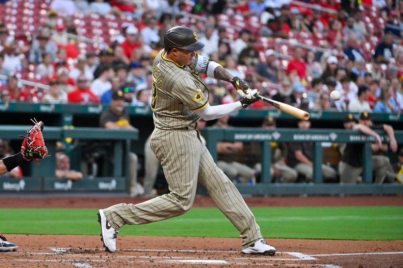 Aug 27, 2024; St. Louis, Missouri, USA;  San Diego Padres third baseman Manny Machado (13) hits a solo home run against the St. Louis Cardinals during the second inning at Busch Stadium. Mandatory Credit: Jeff Curry-USA TODAY Sports