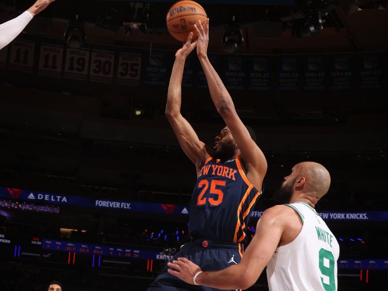 NEW YORK, NY - APRIL 8:  Mikal Bridges #25 of the New York Knicks shoots the ball during the game against the Boston Celtics on April 8, 2025 at Madison Square Garden in New York City, New York.  NOTE TO USER: User expressly acknowledges and agrees that, by downloading and or using this photograph, User is consenting to the terms and conditions of the Getty Images License Agreement. Mandatory Copyright Notice: Copyright 2025 NBAE  (Photo by Nathaniel S. Butler/NBAE via Getty Images)