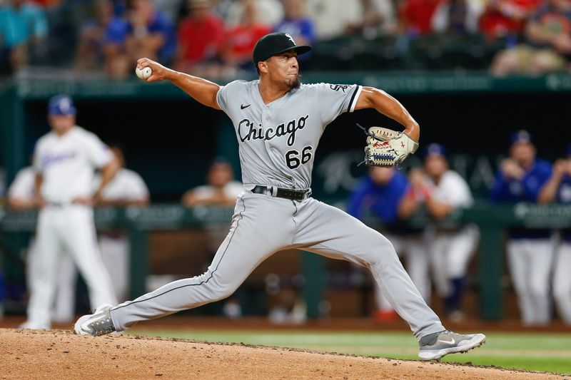 Aug 2, 2023; Arlington, Texas, USA; Chicago White Sox relief pitcher Edgar Navarro (66) throws during the sixth inning against the Texas Rangers at Globe Life Field. Mandatory Credit: Andrew Dieb-USA TODAY Sports