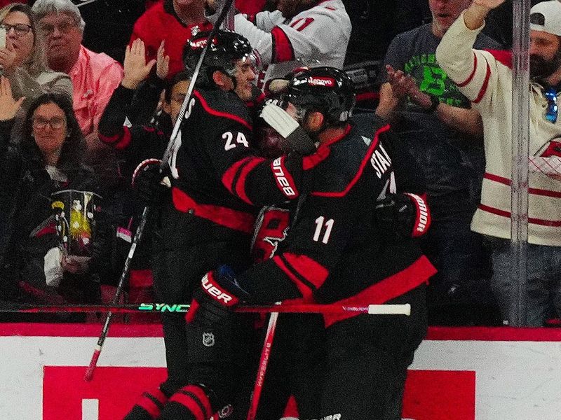 Jan 15, 2024; Raleigh, North Carolina, USA; Carolina Hurricanes left wing Jordan Martinook (48) celebrates his goal with center Jordan Staal (11) and center Seth Jarvis (24) against the Los Angeles Kings during the second period at PNC Arena. Mandatory Credit: James Guillory-USA TODAY Sports