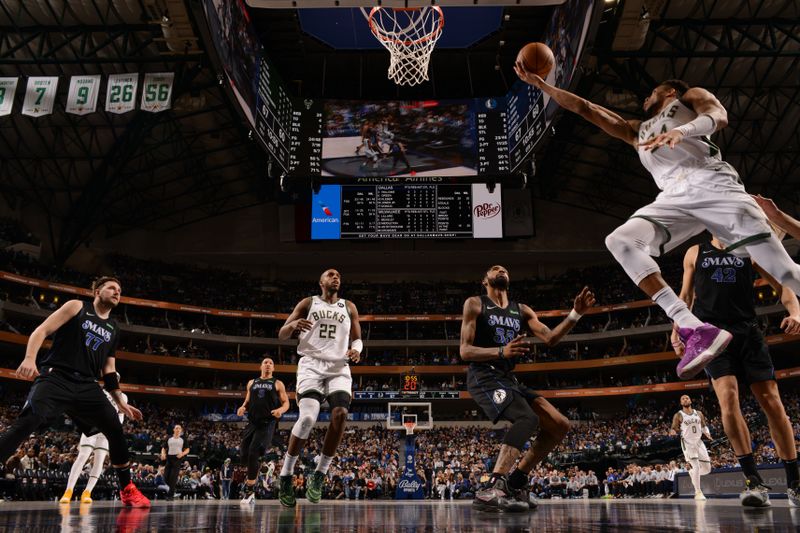 DALLAS, TX - FEBRUARY 3: Giannis Antetokounmpo drives to the basket during the game against the Dallas Mavericks on February 3, 2024 at the American Airlines Center in Dallas, Texas. NOTE TO USER: User expressly acknowledges and agrees that, by downloading and or using this photograph, User is consenting to the terms and conditions of the Getty Images License Agreement. Mandatory Copyright Notice: Copyright 2024 NBAE (Photo by Glenn James/NBAE via Getty Images)