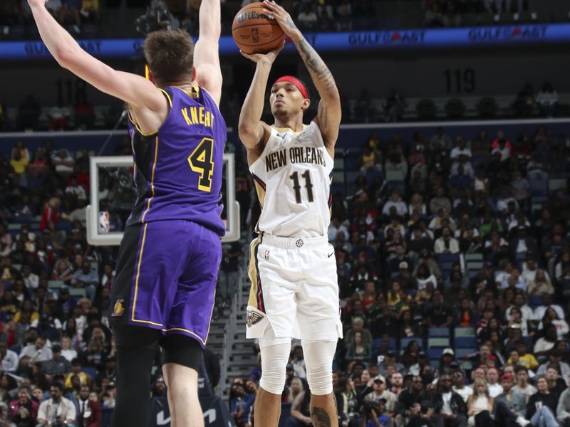 NEW ORLEANS, LA - NOVEMBER 16:  Brandon Boston Jr. #11 of the New Orleans Pelicans shoots a three point basket during the game against the Los Angeles Lakers on November 16, 2024 at the Smoothie King Center in New Orleans, Louisiana. NOTE TO USER: User expressly acknowledges and agrees that, by downloading and or using this Photograph, user is consenting to the terms and conditions of the Getty Images License Agreement. Mandatory Copyright Notice: Copyright 2024 NBAE (Photo by Layne Murdoch Jr./NBAE via Getty Images)