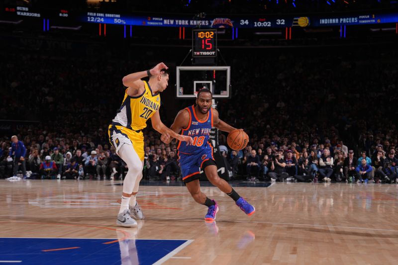 NEW YORK, NY - FEBRUARY 10: Alec Burks #18 of the New York Knicks dribbles the ball during the game against the Indiana Pacers on February 10, 2024 at Madison Square Garden in New York City, New York.  NOTE TO USER: User expressly acknowledges and agrees that, by downloading and or using this photograph, User is consenting to the terms and conditions of the Getty Images License Agreement. Mandatory Copyright Notice: Copyright 2024 NBAE  (Photo by Jesse D. Garrabrant/NBAE via Getty Images)