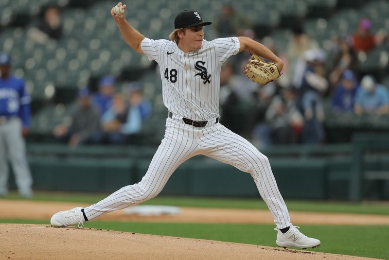 Apr 17, 2024; Chicago, Illinois, USA; Chicago White Sox starting pitcher Jonathan Cannon (48) throws the ball in the first inning of his MLB debut during game one of a double header against the Kansas City Royals at Guaranteed Rate Field. Mandatory Credit: Melissa Tamez-USA TODAY Sports
