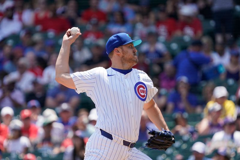 Jun 16, 2024; Chicago, Illinois, USA; Chicago Cubs pitcher Jameson Taillon (50) throws the ball against the St. Louis Cardinals during the first inning at Wrigley Field. Mandatory Credit: David Banks-USA TODAY Sports