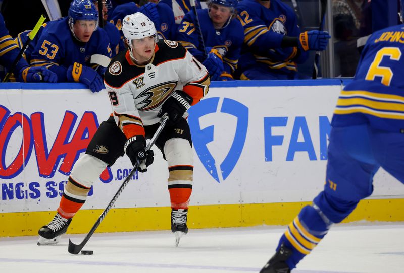 Feb 19, 2024; Buffalo, New York, USA;  Anaheim Ducks right wing Troy Terry (19) looks to make a pass during the third period against the Buffalo Sabres at KeyBank Center. Mandatory Credit: Timothy T. Ludwig-USA TODAY Sports