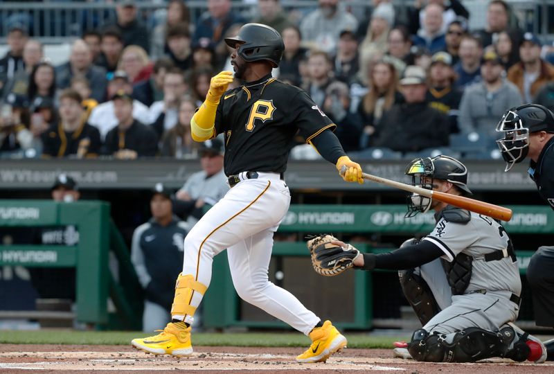 Apr 8, 2023; Pittsburgh, Pennsylvania, USA;  Pittsburgh Pirates right fielder Andrew McCutchen (22) hits a double against the Chicago White Sox during the first inning at PNC Park. Mandatory Credit: Charles LeClaire-USA TODAY Sports