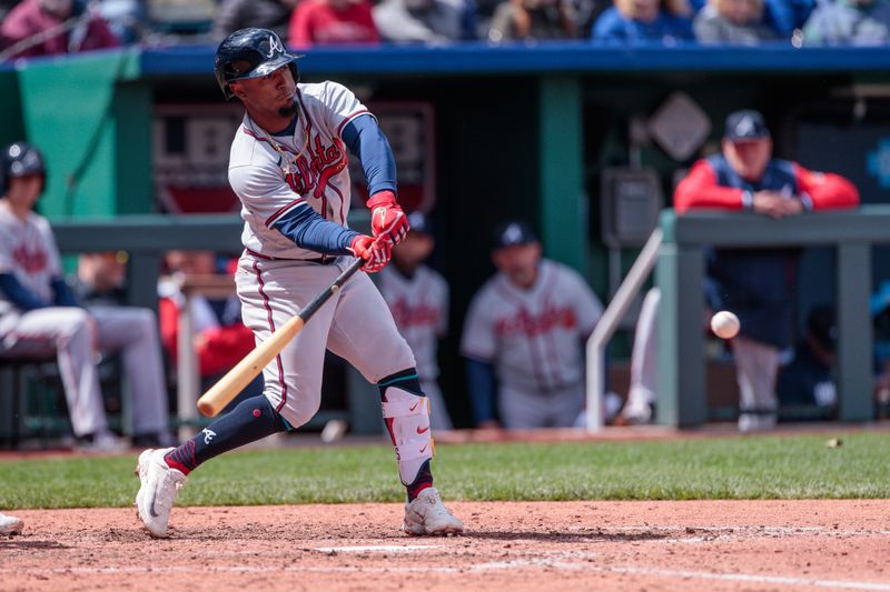 Apr 16, 2023; Kansas City, Missouri, USA; Atlanta Braves second baseman Ozzie Albies (1) at bat during the sixth inning against the Kansas City Royals at Kauffman Stadium. Mandatory Credit: William Purnell-USA TODAY Sports