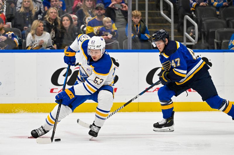 Nov 30, 2023; St. Louis, Missouri, USA;  Buffalo Sabres left wing Jeff Skinner (53) controls the puck against the St. Louis Blues during the first period at Enterprise Center. Mandatory Credit: Jeff Curry-USA TODAY Sports