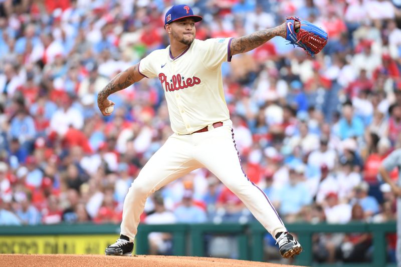 Aug 18, 2024; Philadelphia, Pennsylvania, USA; Philadelphia Phillies pitcher Taijuan Walker (99) throws a pitch during the first inning against the Washington Nationals at Citizens Bank Park. Mandatory Credit: Eric Hartline-USA TODAY Sports