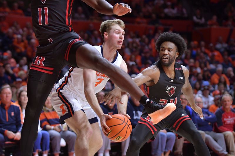 Jan 21, 2024; Champaign, Illinois, USA; Rutgers Scarlet Knights center Clifford Omoruyi (11) and guard Austin Williams (24 try to block Illinois Fighting Illini guard Marcus Domask (3) on his drive to the basket during the first half at State Farm Center. Mandatory Credit: Ron Johnson-USA TODAY Sports